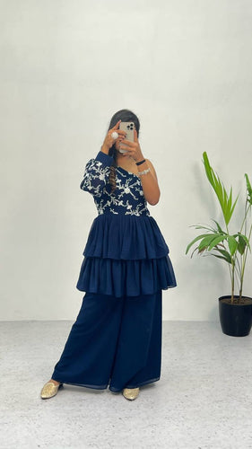 Blue Elegant Embroidered Georgette Top & Palazzo Set – Chic & Classy! ClothsVilla