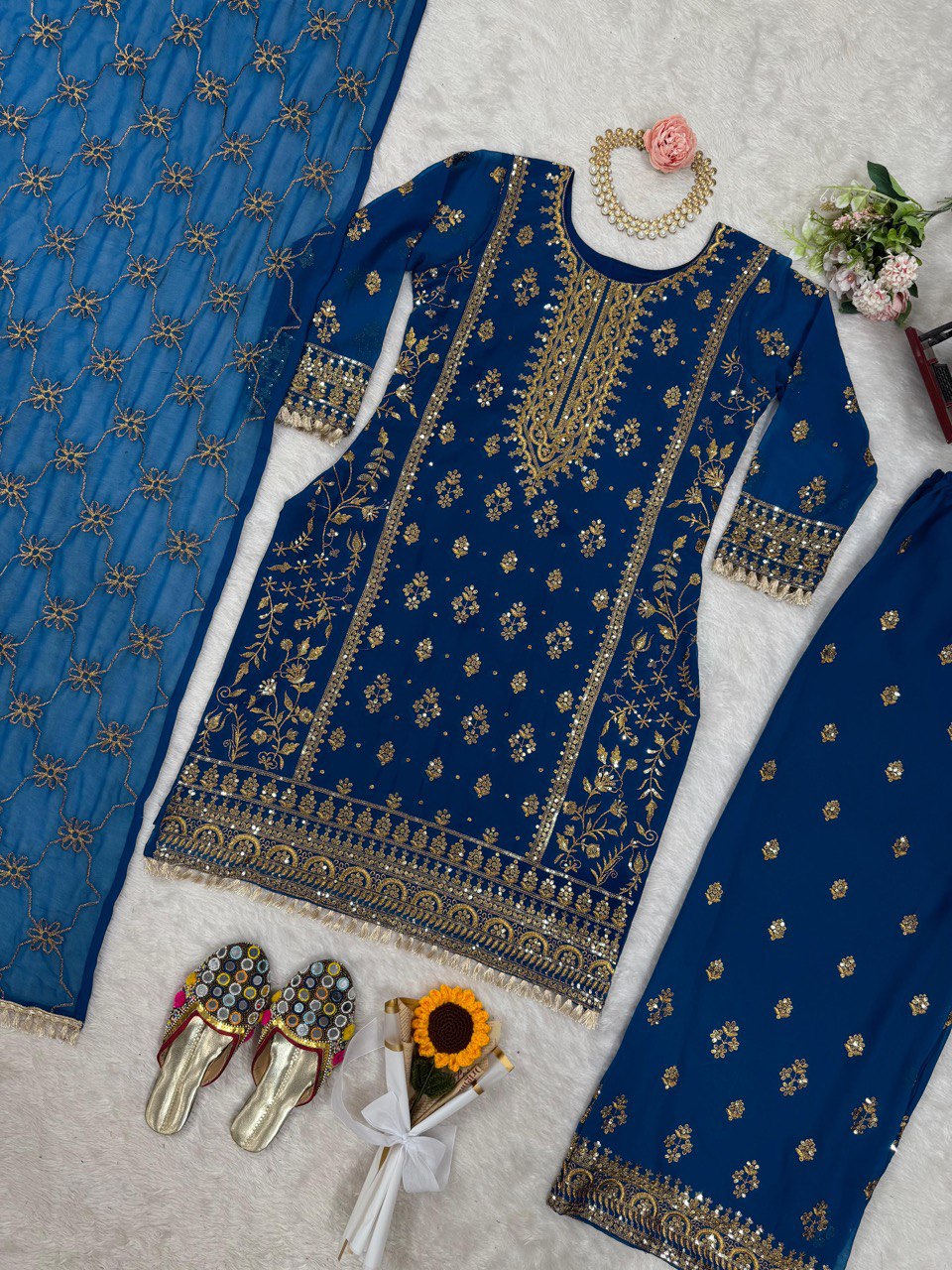 Blue Elegant Faux Georgette Embroidered Plazo Set