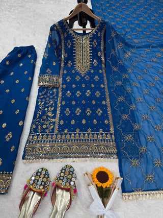 Blue Elegant Faux Georgette Embroidered Plazo Set