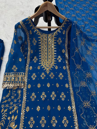 Blue Elegant Faux Georgette Embroidered Plazo Set