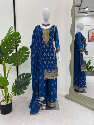 Blue Elegant Faux Georgette Embroidered Plazo Set