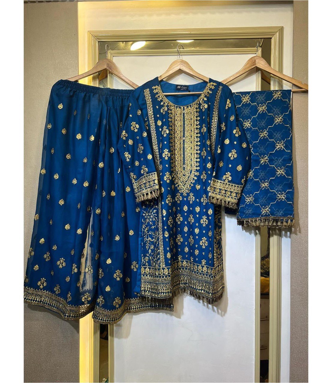 Blue Elegant Faux Georgette Embroidered Plazo Set