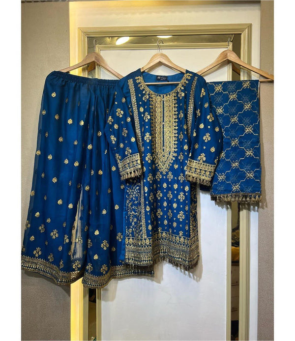 Blue Elegant Faux Georgette Embroidered Plazo Set
