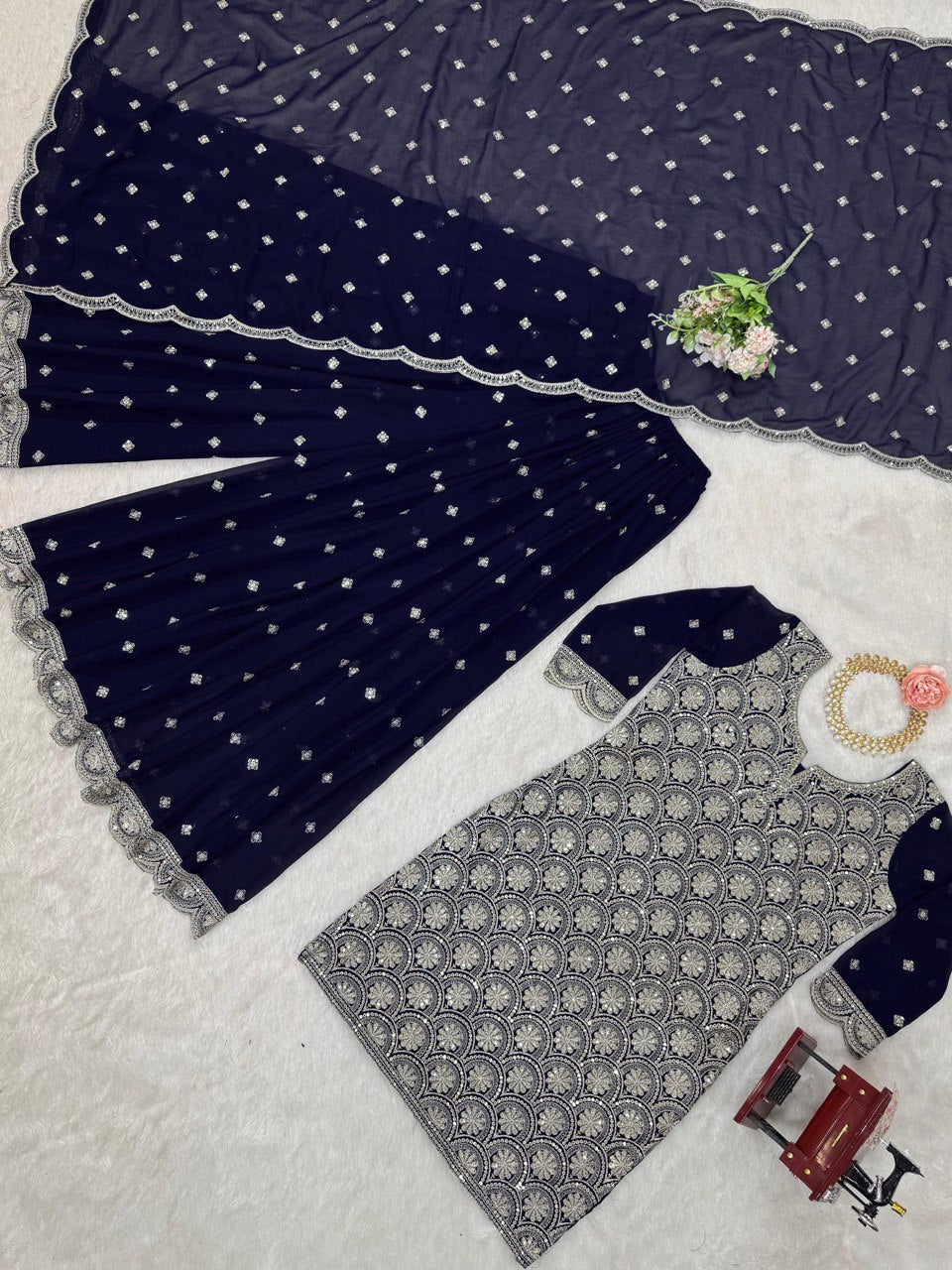 Blue Elegant Faux Georgette Embroidered Suit Set