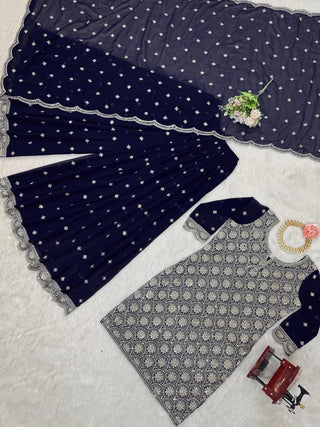 Blue Elegant Faux Georgette Embroidered Suit Set