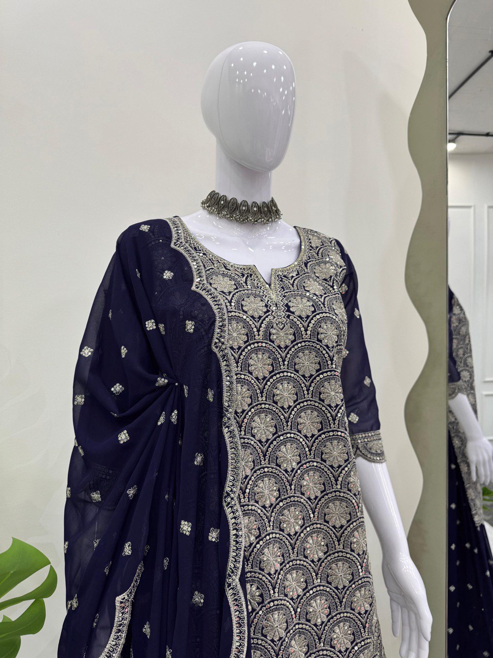 Blue Elegant Faux Georgette Embroidered Suit Set