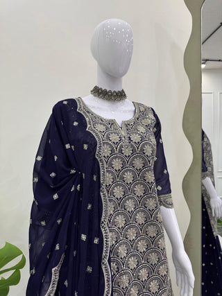 Blue Elegant Faux Georgette Embroidered Suit Set