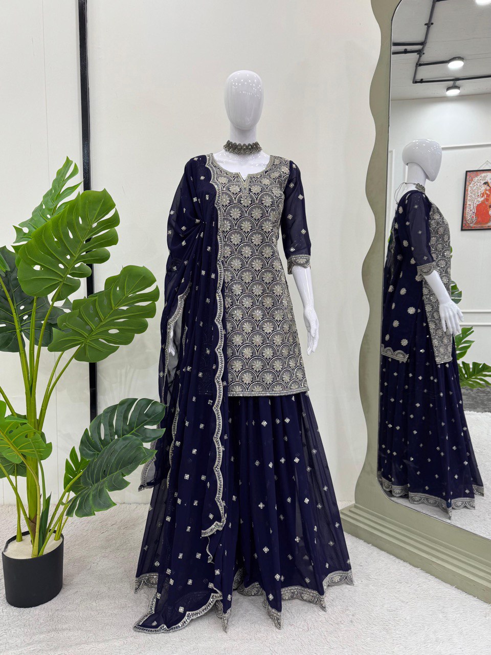 Blue Elegant Faux Georgette Embroidered Suit Set