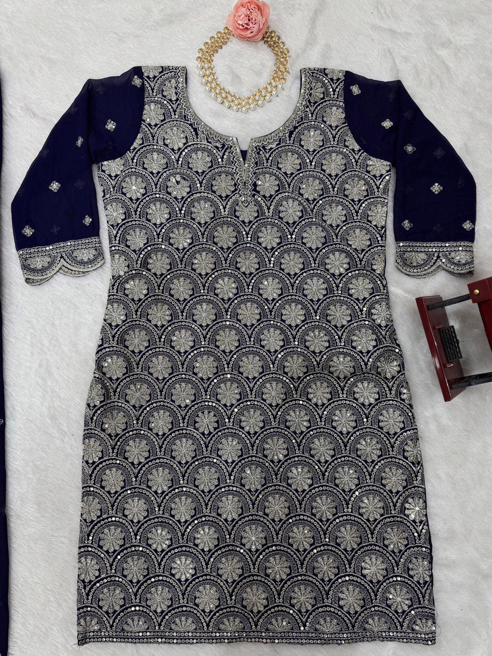 Blue Elegant Faux Georgette Embroidered Suit Set
