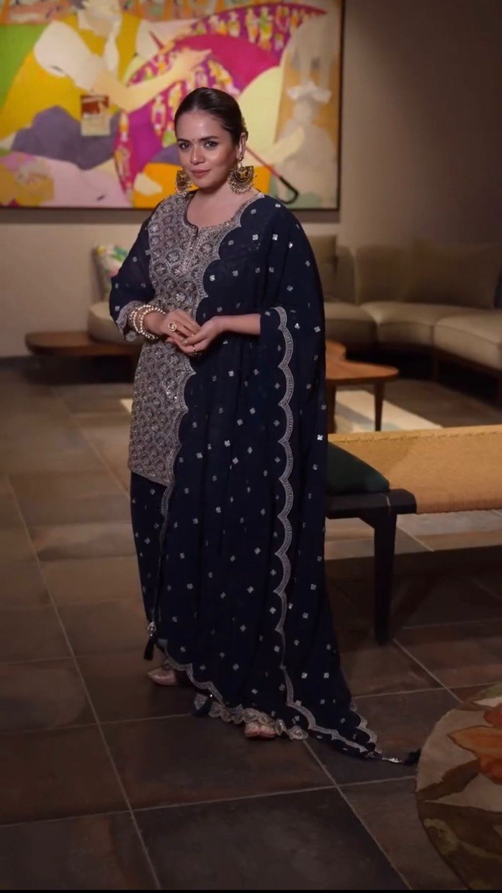 Blue Elegant Faux Georgette Embroidered Suit Set