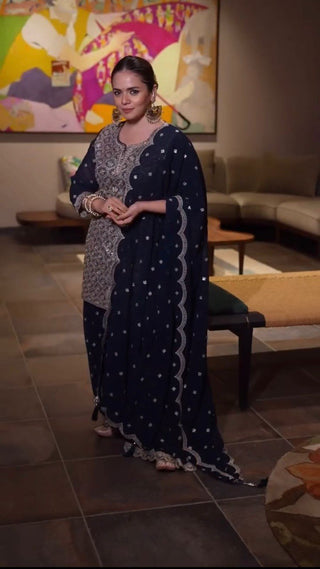 Blue Elegant Faux Georgette Embroidered Suit Set