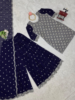 Blue Elegant Faux Georgette Embroidered Suit Set
