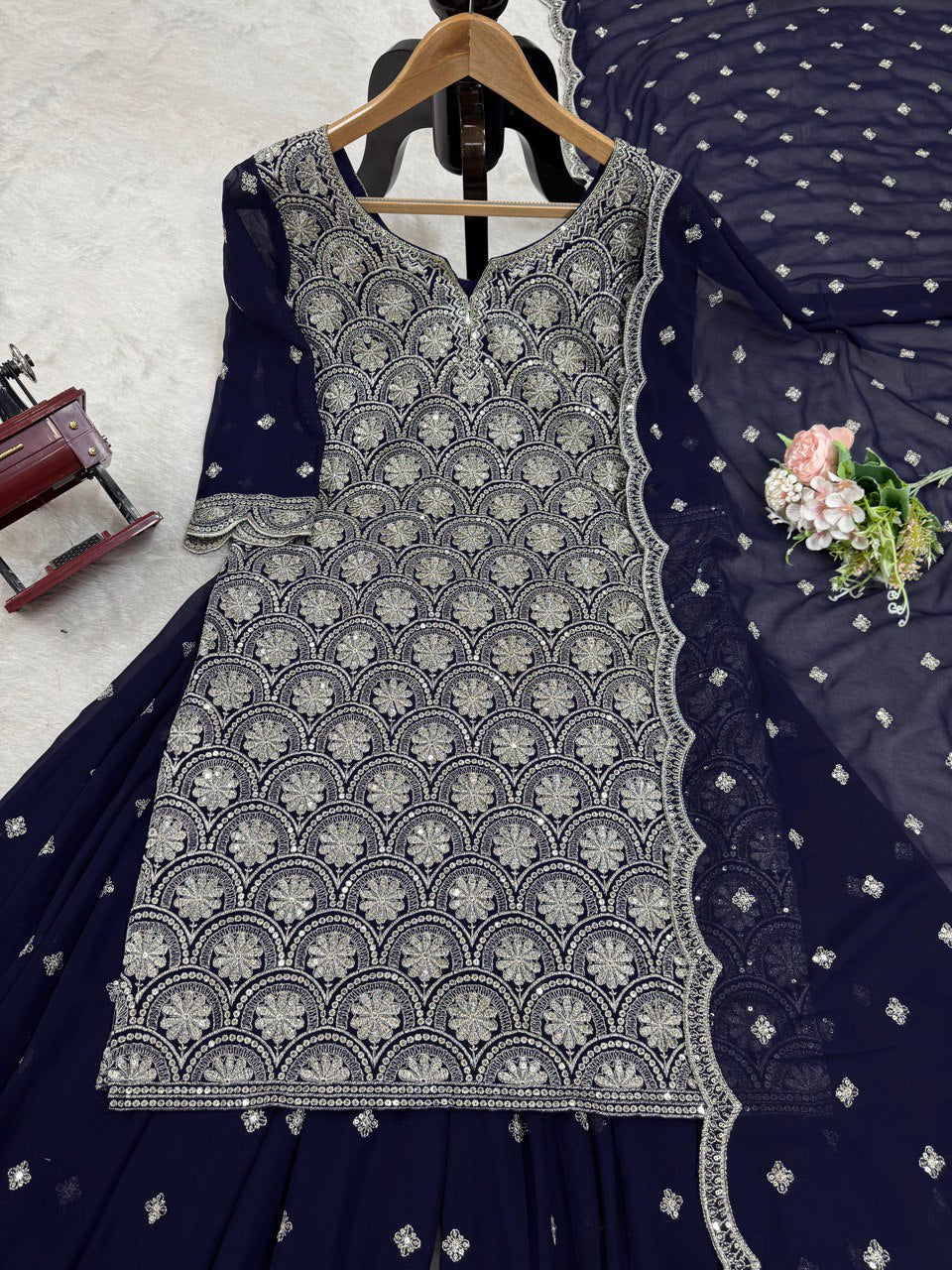Blue Elegant Faux Georgette Embroidered Suit Set