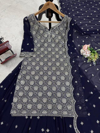 Blue Elegant Faux Georgette Embroidered Suit Set