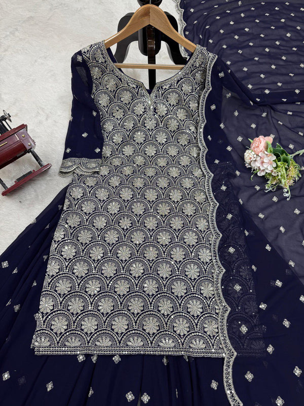 Blue Elegant Faux Georgette Embroidered Suit Set