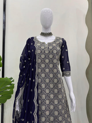 Blue Elegant Faux Georgette Embroidered Suit Set
