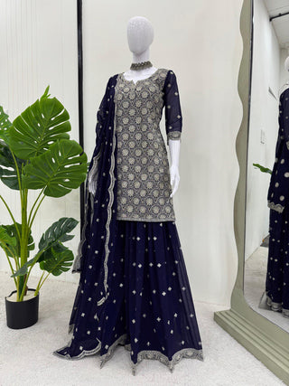 Blue Elegant Faux Georgette Embroidered Suit Set