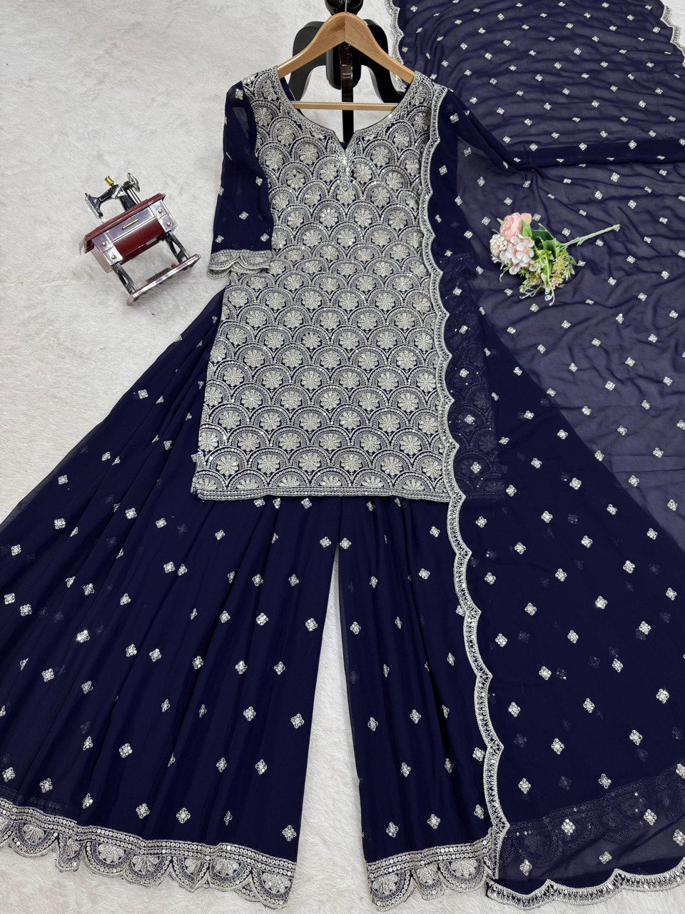 Blue Elegant Faux Georgette Embroidered Suit Set