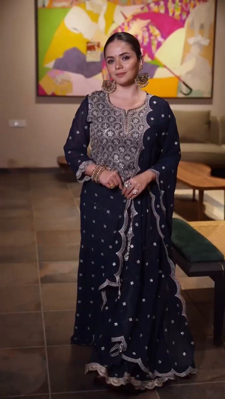 Blue Elegant Faux Georgette Embroidered Suit Set