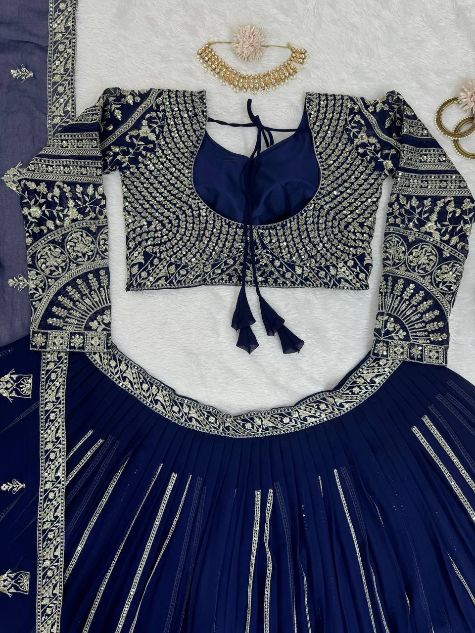 Blue Elegant Faux Georgette Lehenga Choli Set with Sequin Work & Lace Dupatta Clothsvilla