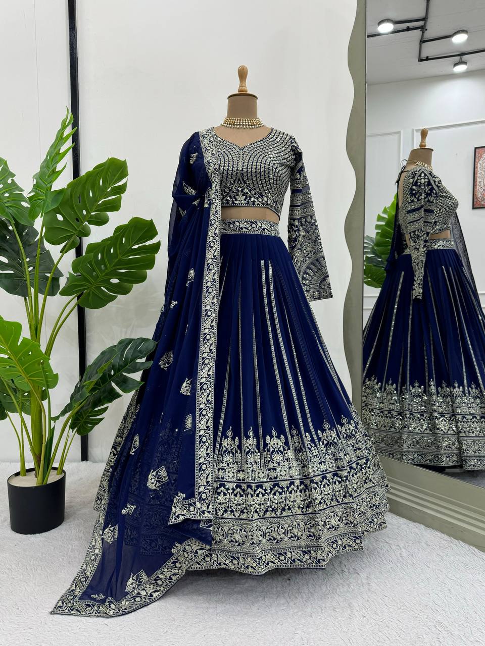 Blue Elegant Faux Georgette Lehenga Choli Set with Sequin Work & Lace Dupatta Clothsvilla