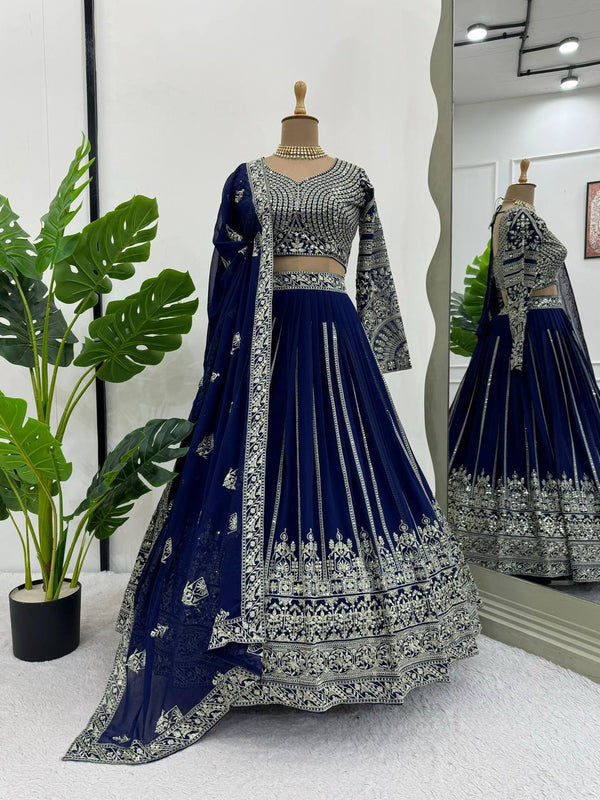 Blue Elegant Faux Georgette Lehenga Choli Set with Sequin Work & Lace Dupatta Clothsvilla