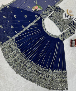 Blue Elegant Faux Georgette Lehenga Choli Set with Sequin Work & Lace Dupatta Clothsvilla