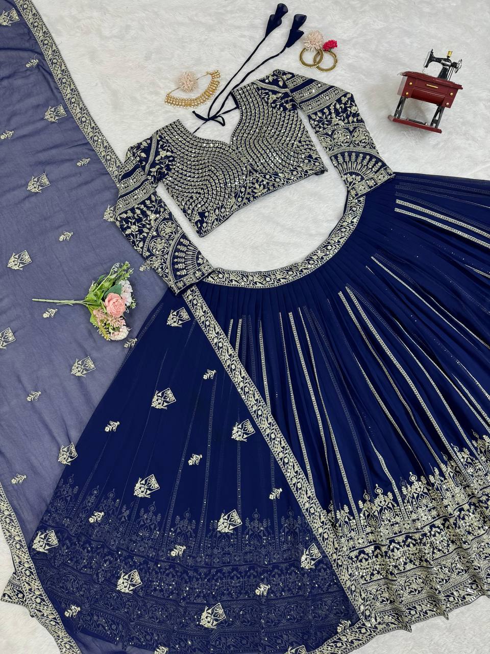 Blue Elegant Faux Georgette Lehenga Choli Set with Sequin Work & Lace Dupatta Clothsvilla