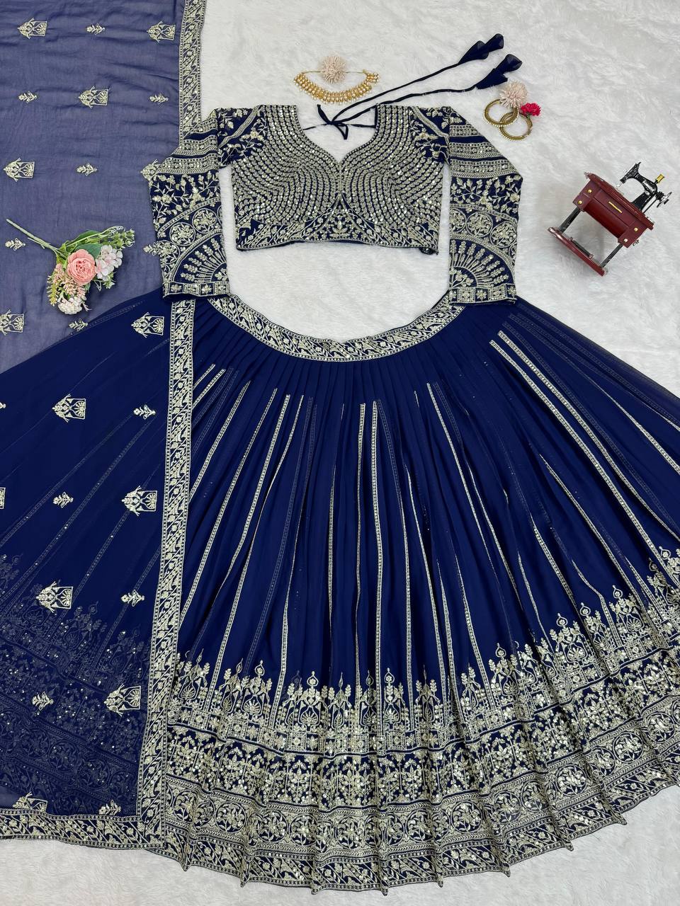 Blue Elegant Faux Georgette Lehenga Choli Set with Sequin Work & Lace Dupatta Clothsvilla