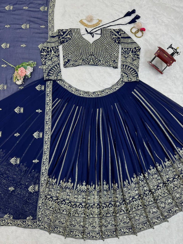 Blue Elegant Faux Georgette Lehenga Choli Set with Sequin Work & Lace Dupatta Clothsvilla