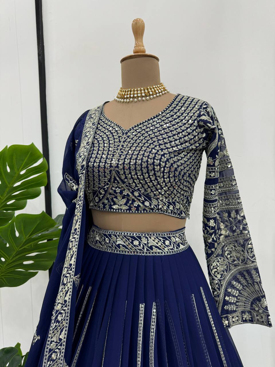 Blue Elegant Faux Georgette Lehenga Choli Set with Sequin Work & Lace Dupatta Clothsvilla