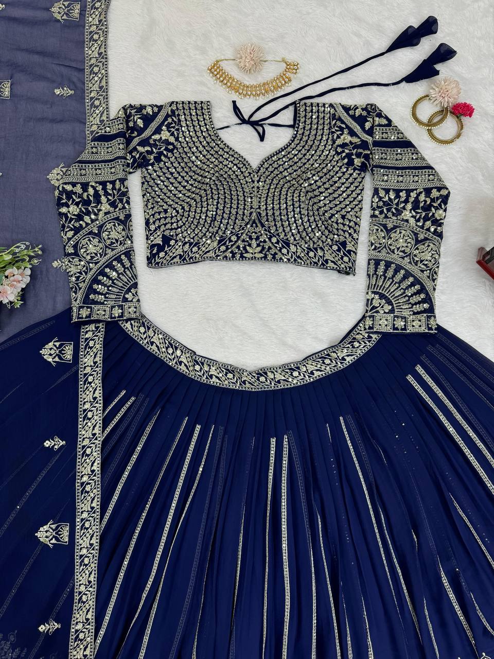 Blue Elegant Faux Georgette Lehenga Choli Set with Sequin Work & Lace Dupatta Clothsvilla
