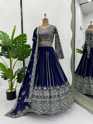 Blue Elegant Faux Georgette Lehenga Choli Set with Sequin Work & Lace Dupatta Clothsvilla