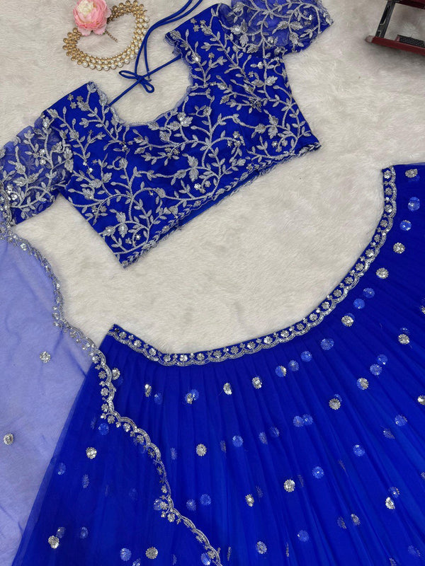 Blue Elegant Faux Georgette Lehenga Set with Thread & Sequin Work Semi-Stitched Designer Outfit ClothsVilla