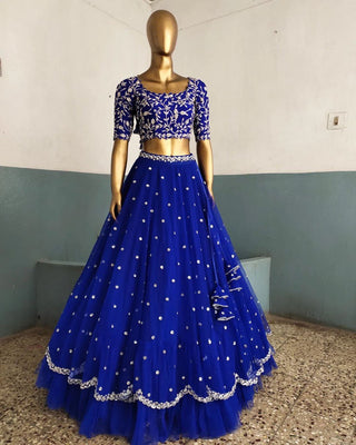Blue Elegant Faux Georgette Lehenga Set with Thread & Sequin Work Semi-Stitched Designer Outfit ClothsVilla