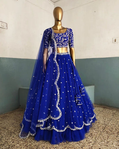 Blue Elegant Faux Georgette Lehenga Set with Thread & Sequin Work Semi-Stitched Designer Outfit ClothsVilla