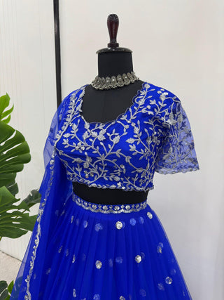 Blue Elegant Faux Georgette Lehenga Set with Thread & Sequin Work Semi-Stitched Designer Outfit ClothsVilla