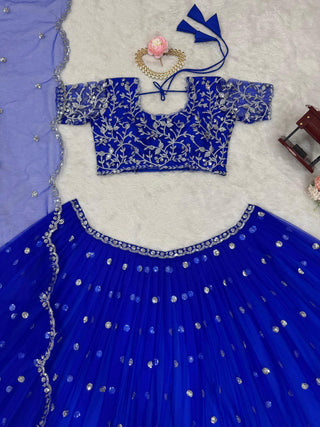Blue Elegant Faux Georgette Lehenga Set with Thread & Sequin Work Semi-Stitched Designer Outfit ClothsVilla