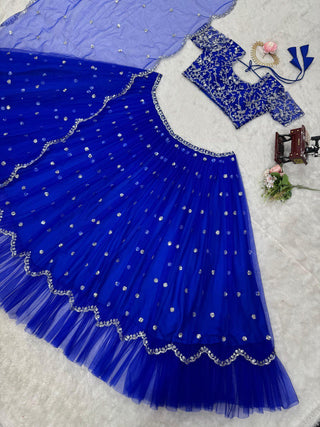 Blue Elegant Faux Georgette Lehenga Set with Thread & Sequin Work Semi-Stitched Designer Outfit ClothsVilla