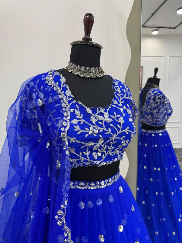 Blue Elegant Faux Georgette Lehenga Set with Thread & Sequin Work Semi-Stitched Designer Outfit ClothsVilla