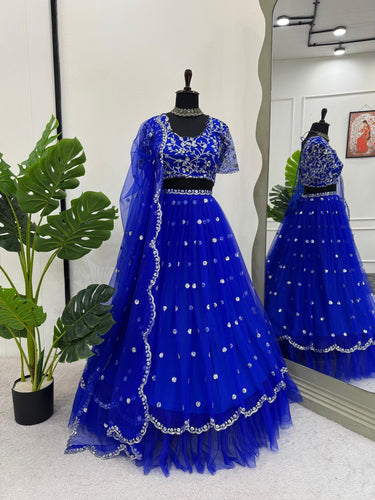 Blue Elegant Faux Georgette Lehenga Set with Thread & Sequin Work Semi-Stitched Designer Outfit ClothsVilla