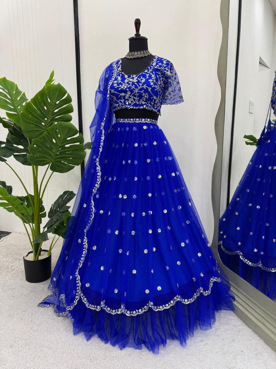 Blue Elegant Faux Georgette Lehenga Set with Thread & Sequin Work Semi-Stitched Designer Outfit ClothsVilla