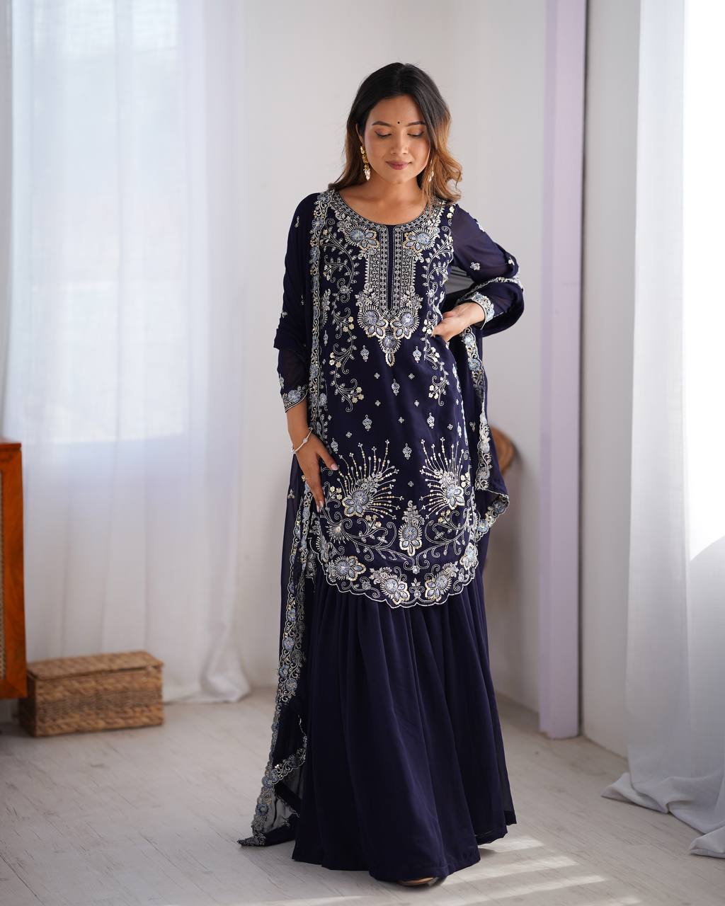Blue Elegant Faux Georgette Sharara Set ClothsVilla Main image