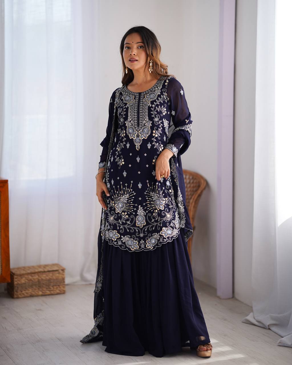 Blue Elegant Faux Georgette Sharara Set ClothsVilla