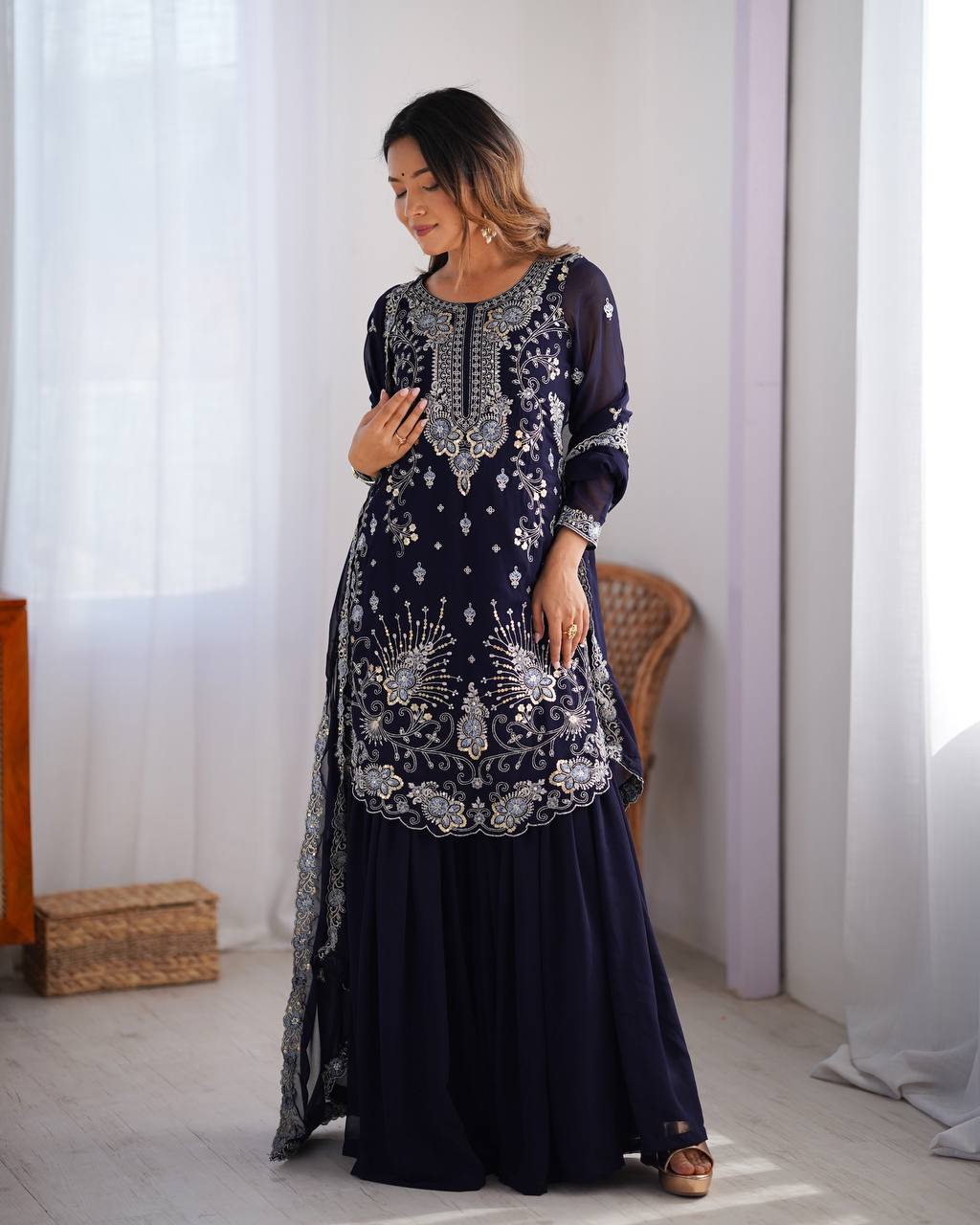 Blue Elegant Faux Georgette Sharara Set ClothsVilla