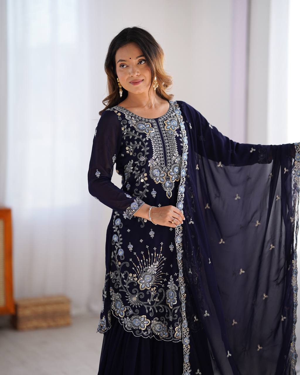 Blue Elegant Faux Georgette Sharara Set ClothsVilla