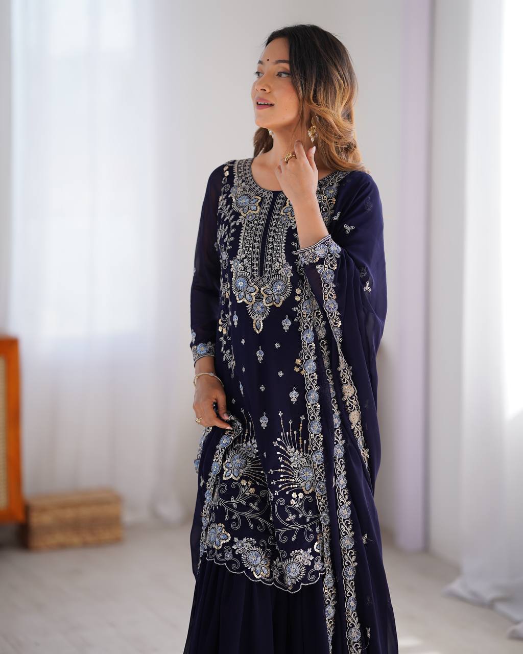 Blue Elegant Faux Georgette Sharara Set ClothsVilla