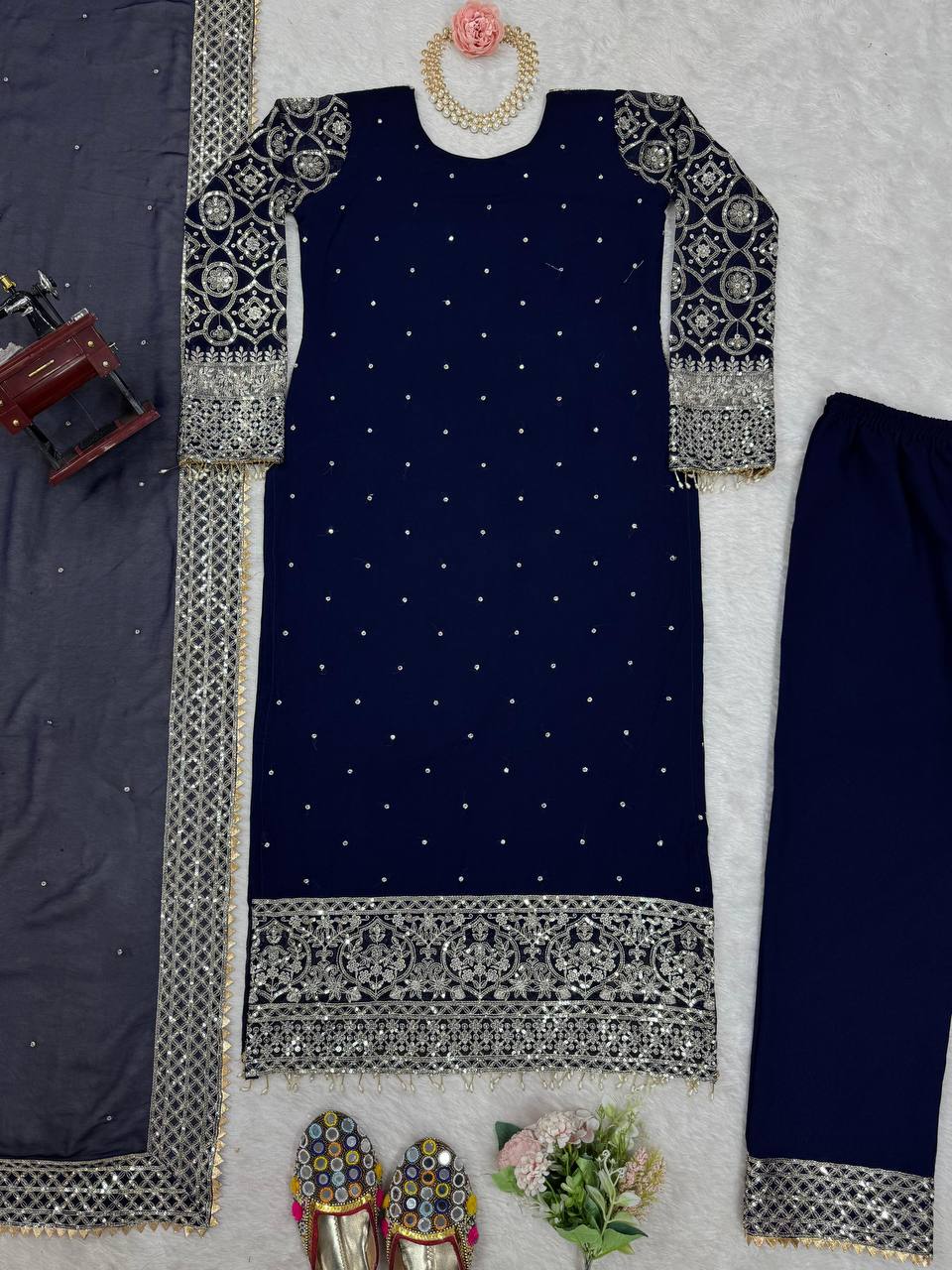 Blue Elegant Faux Georgette Thread & Sequin Embroidered Suit Set ClothsVilla