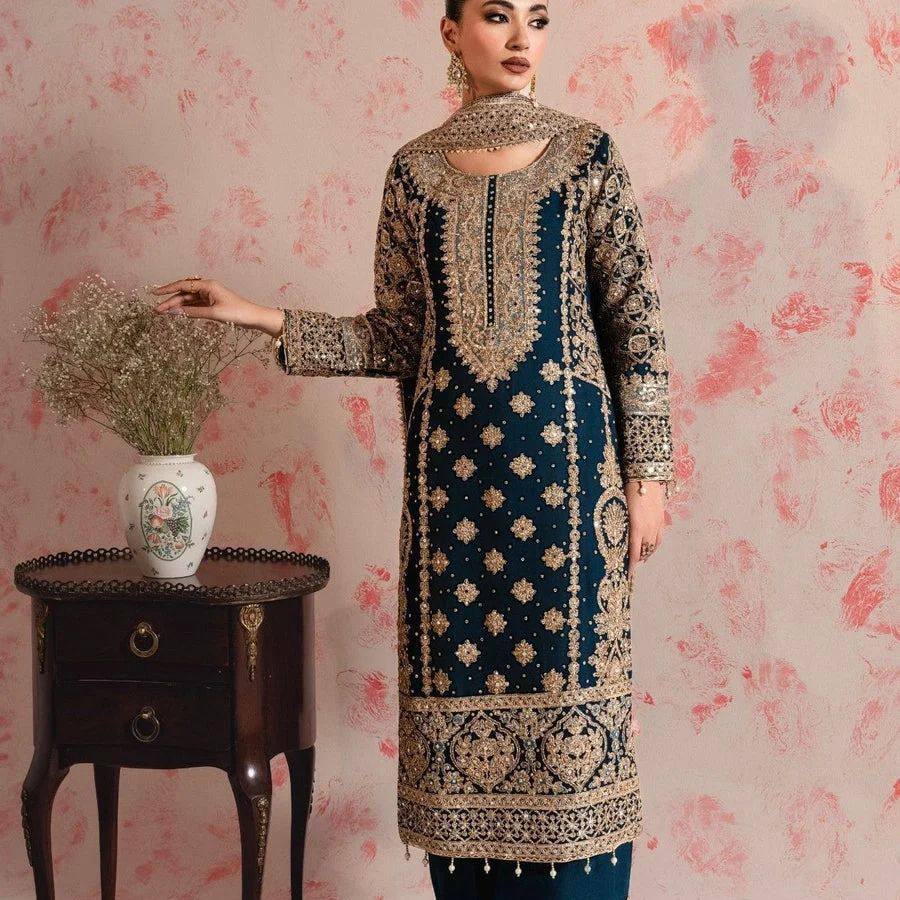 Blue Elegant Faux Georgette Thread & Sequin Embroidered Suit Set ClothsVilla