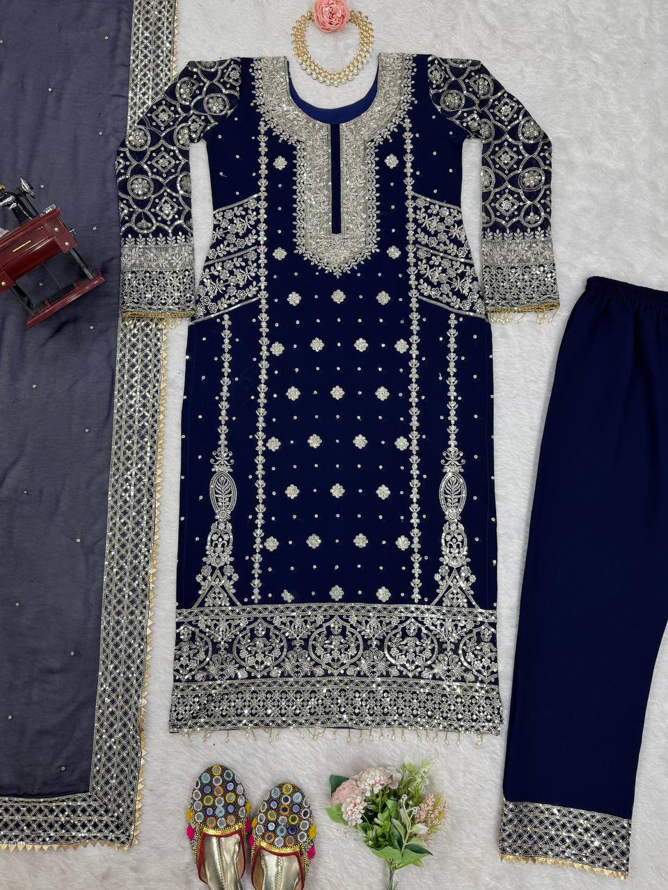 Blue Elegant Faux Georgette Thread & Sequin Embroidered Suit Set ClothsVilla